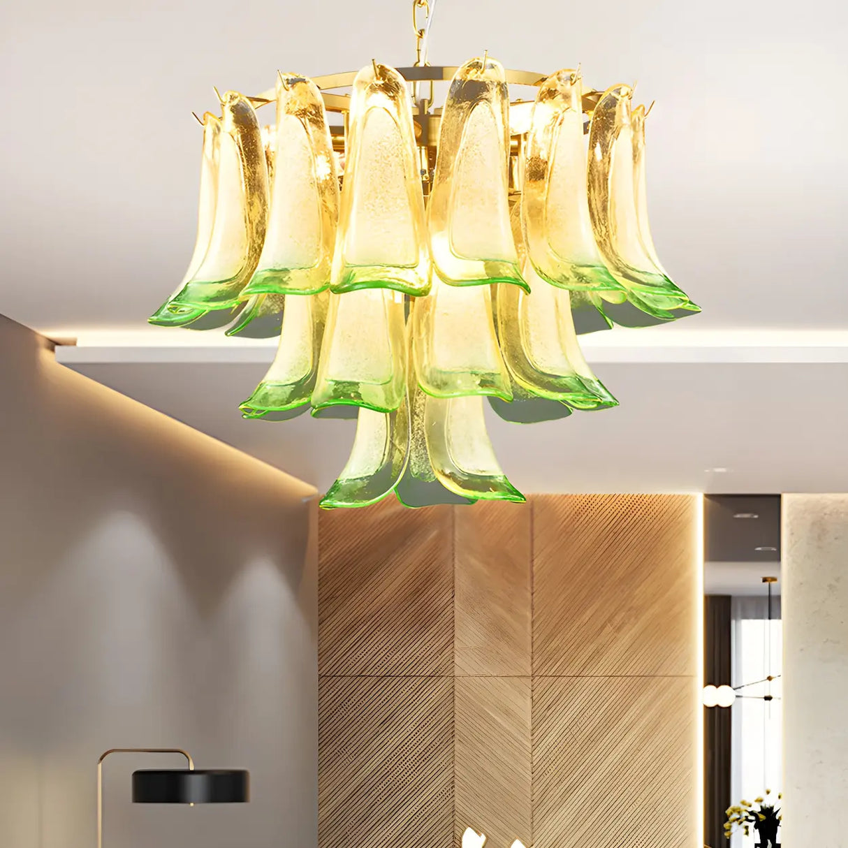 Artistic Modern Brass Green Stained Glass Tiered Chandelier Image - 5