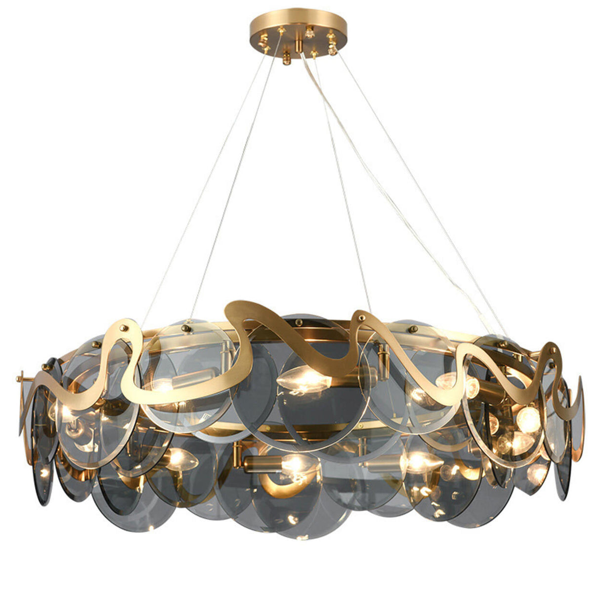 Artistic Modern Gold Drum Black Clear Glass Discs Chandelier Image - 5