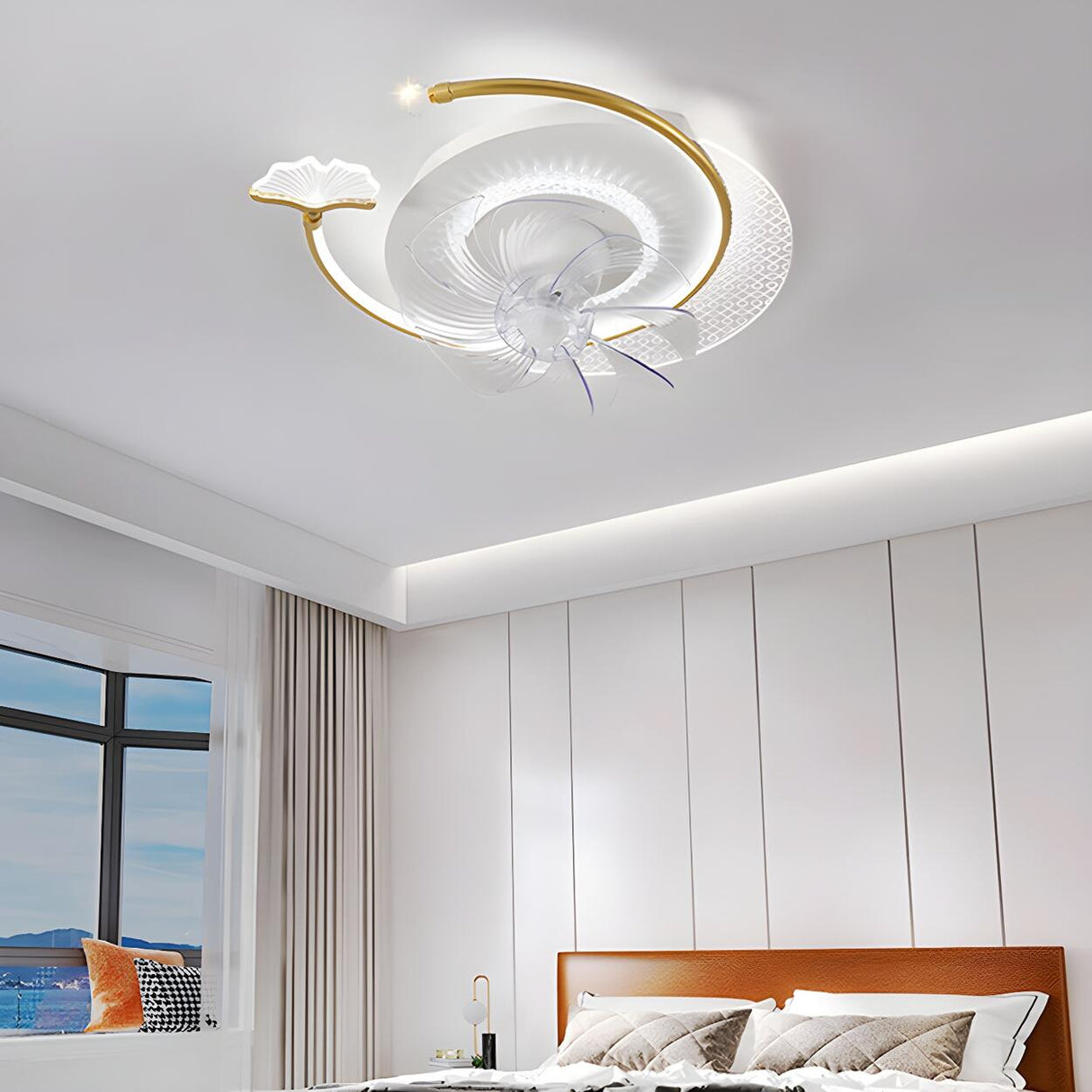 Artistic Nordic Arc LED Ginkgo Leaf Ceiling Fan Light Image - 12