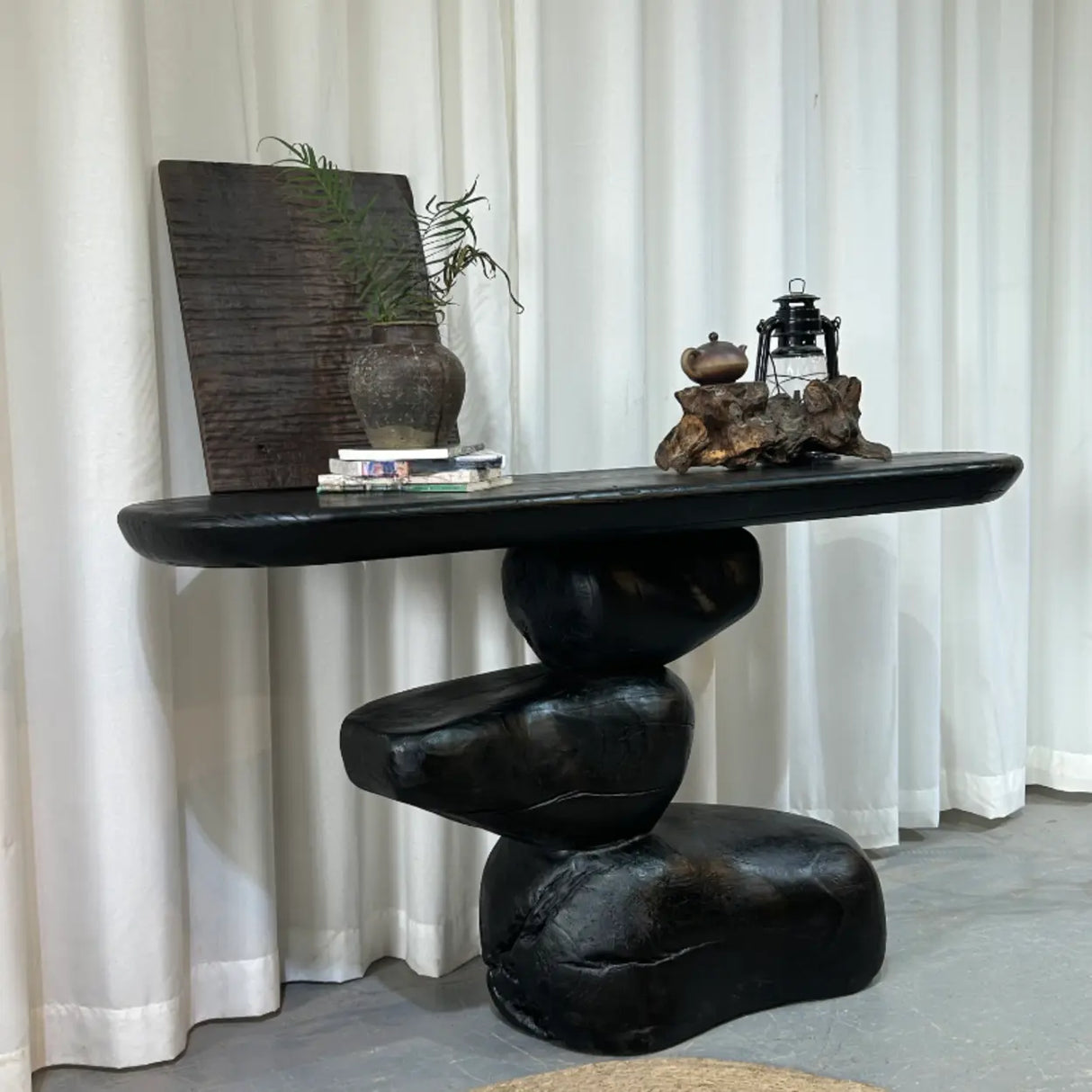 Artistic Pebble Base Wood Black Standard Console Table Image - 2