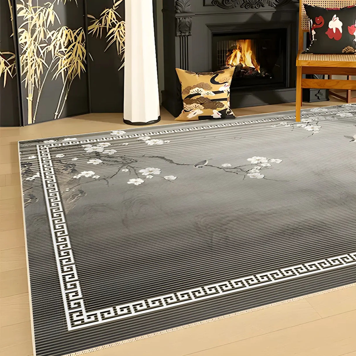 Artistic Rectangle Polyester Grey Floral Area Rug Image - 13