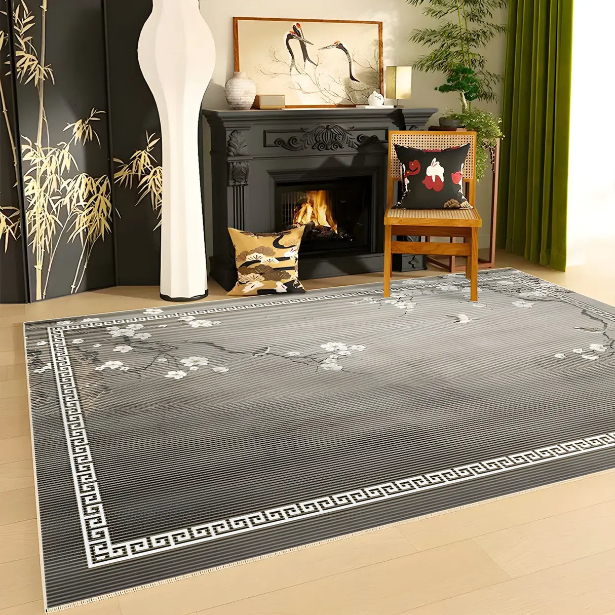 Artistic Rectangle Polyester Grey Floral Area Rug Image - 2