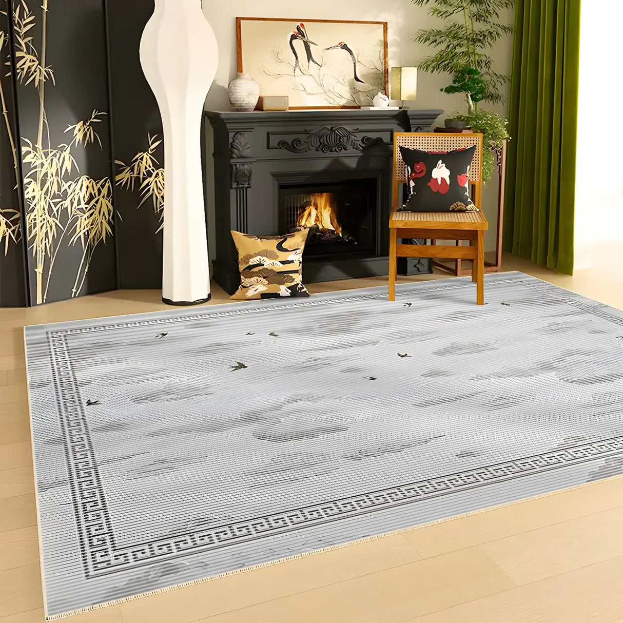Artistic Rectangle Polyester Grey Floral Area Rug Image - 9