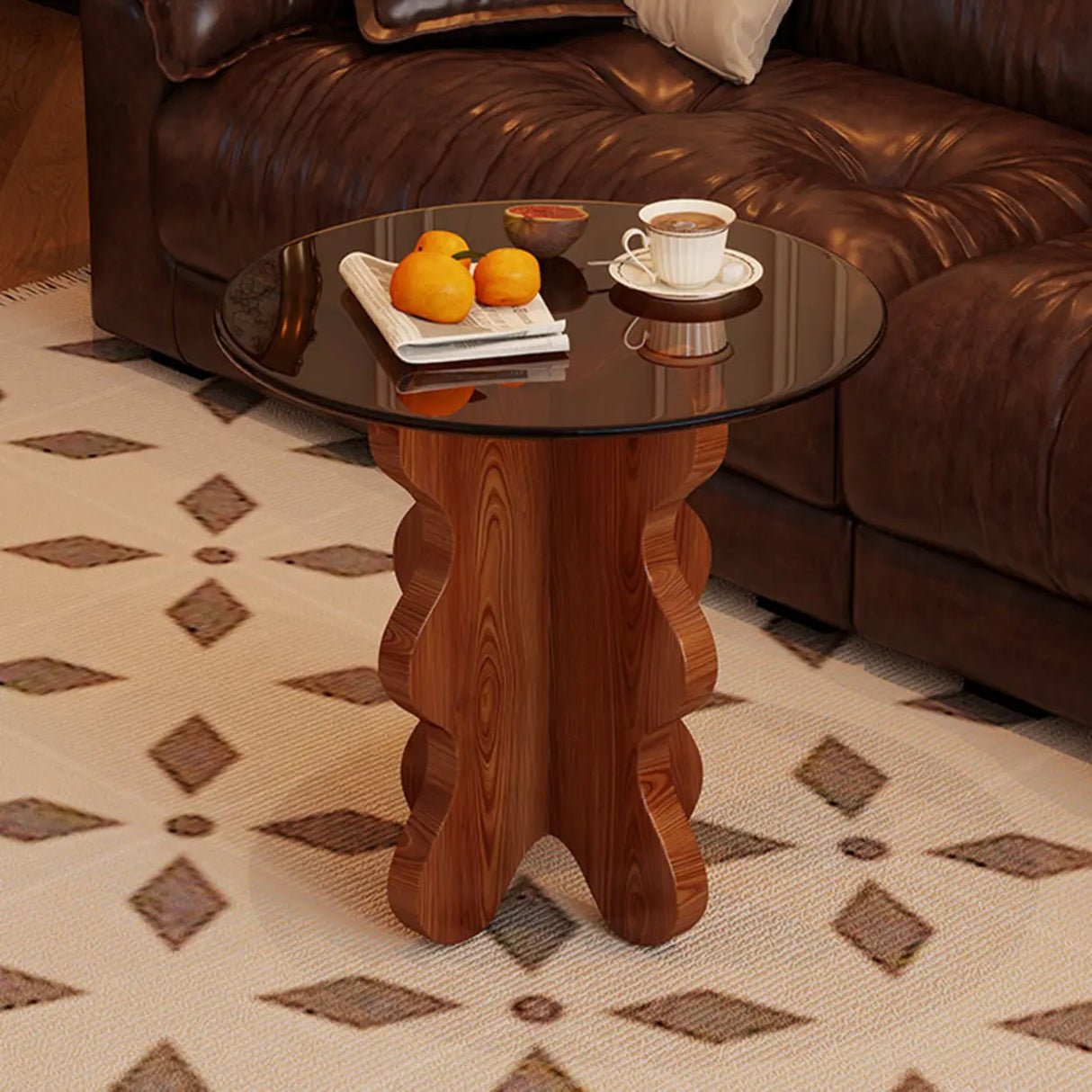 Artistic Round Glass Top Side Table with Sculpted Wood Base Image - 1