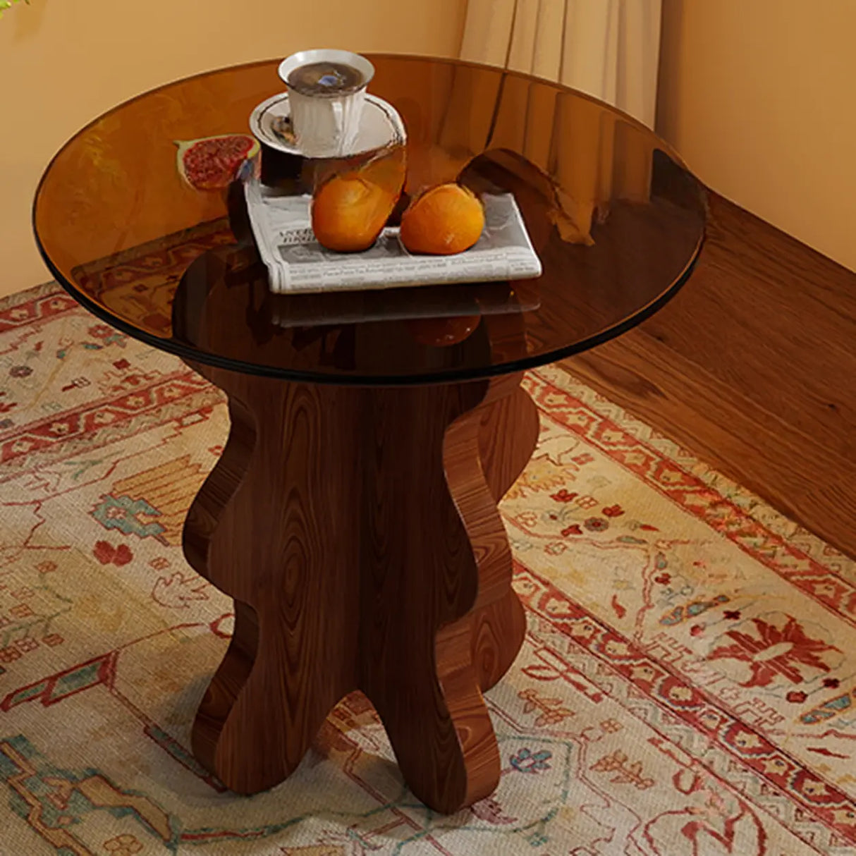 Artistic Round Glass Top Side Table with Sculpted Wood Base Image - 2