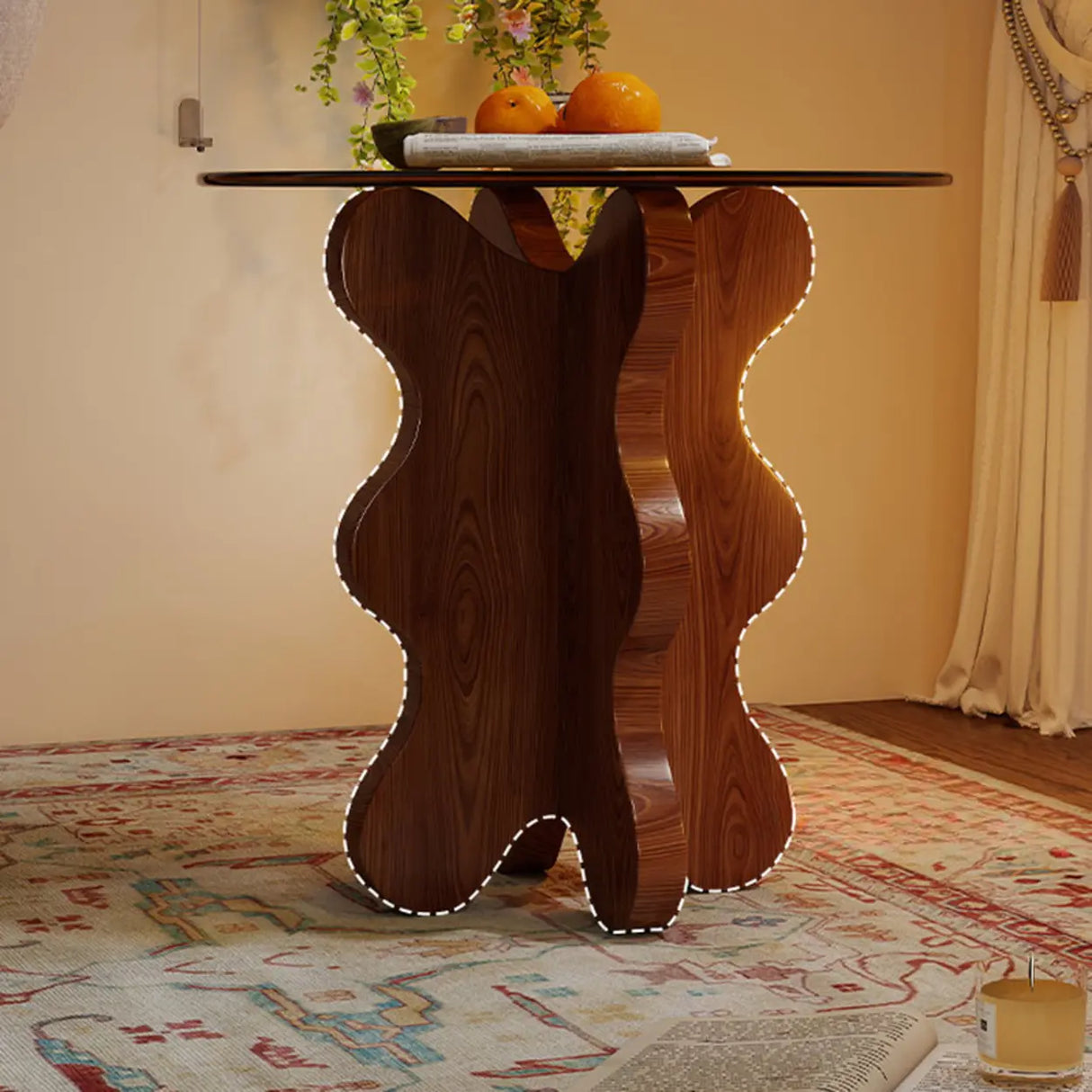 Artistic Round Glass Top Side Table with Sculpted Wood Base Image - 3