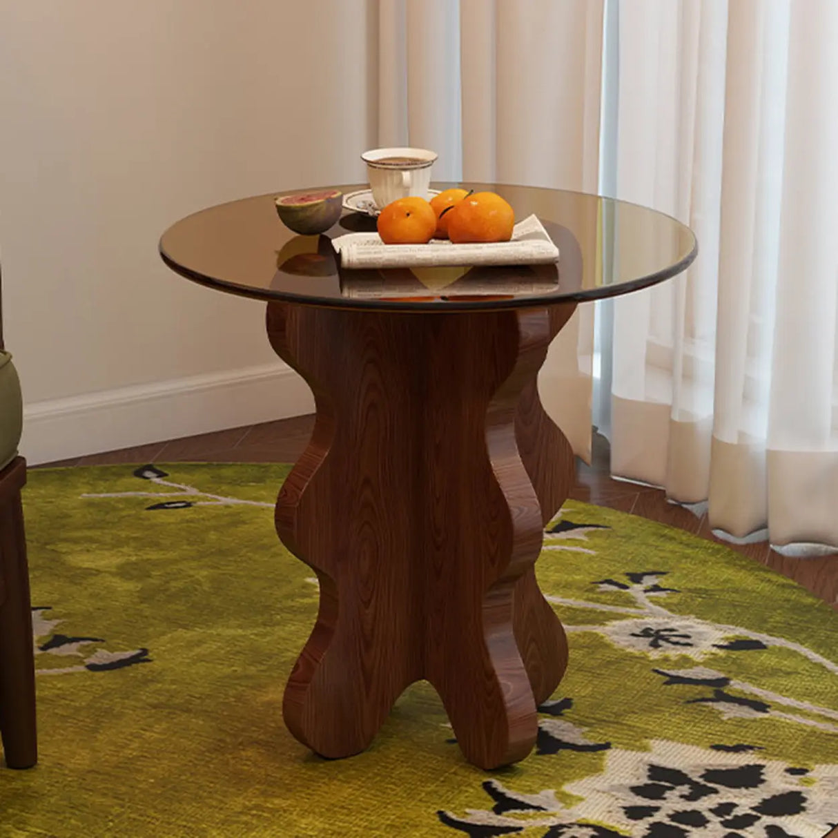 Artistic Round Glass Top Side Table with Sculpted Wood Base Image - 4