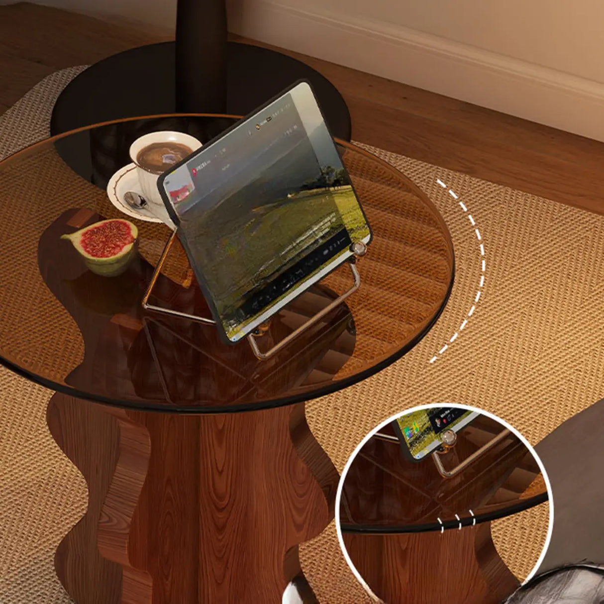 Artistic Round Glass Top Side Table with Sculpted Wood Base Image - 5