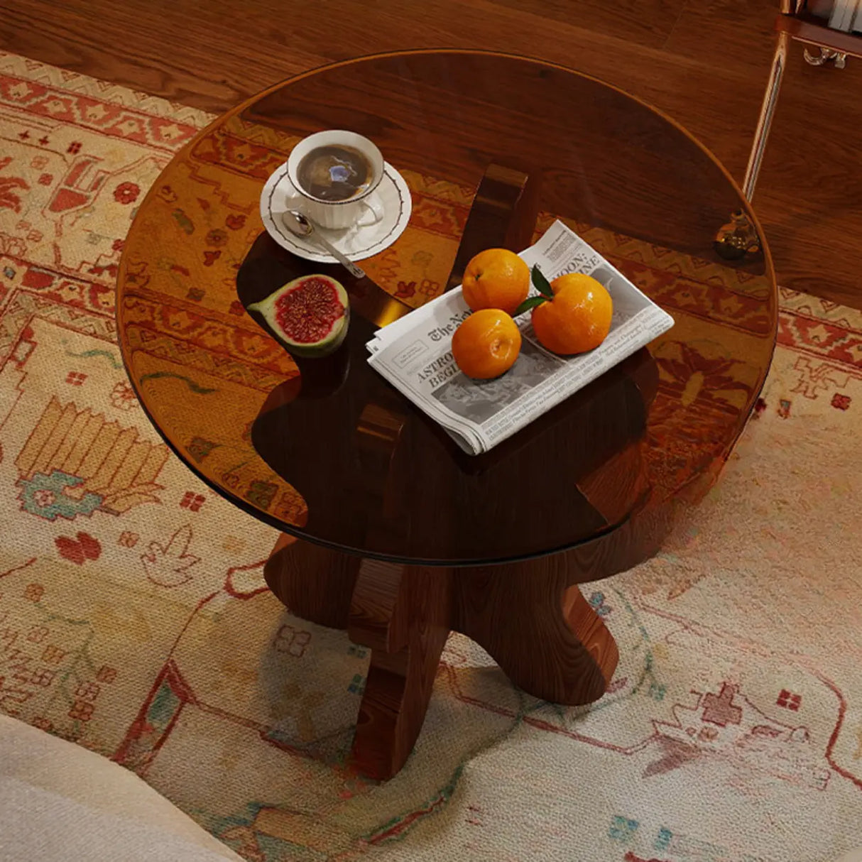 Artistic Round Glass Top Side Table with Sculpted Wood Base Image - 6