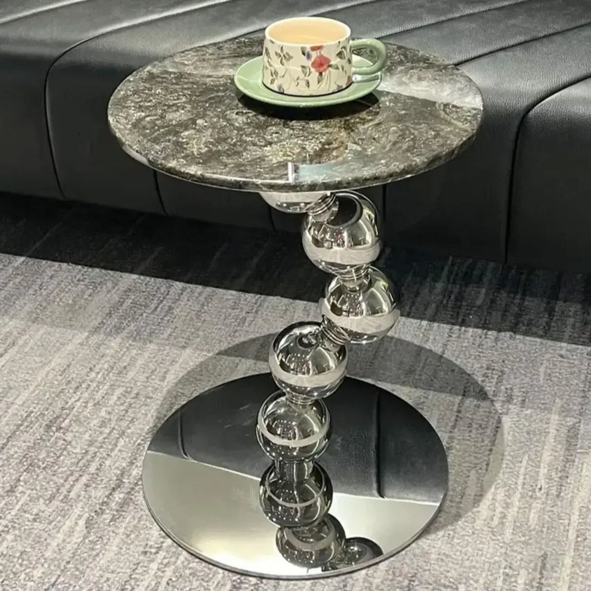 Artistic Round Marble Top Silver Ball Pedestal Side Table Image - 6