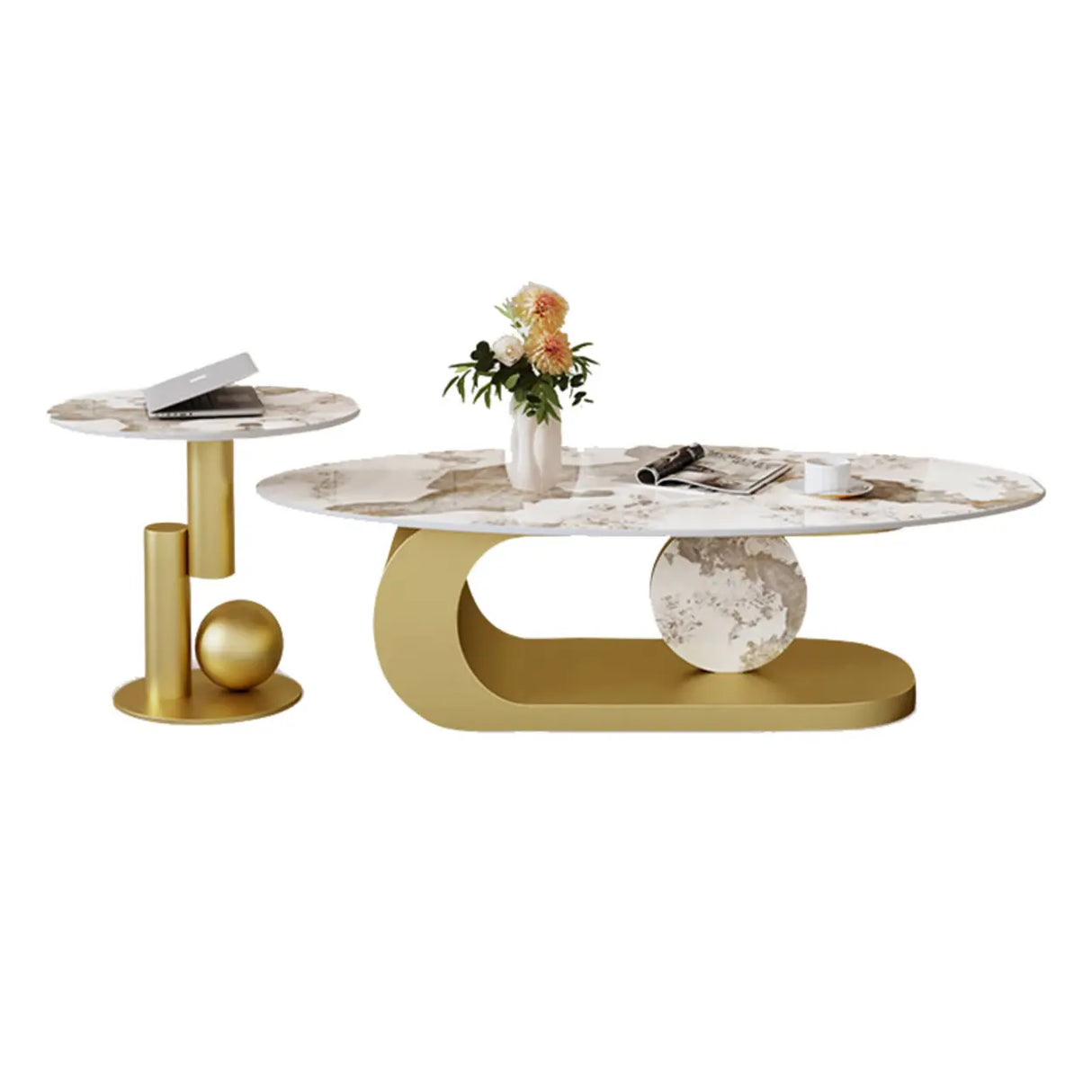 Artistic Stone Oval Iron Block Base Coffee Table Image - 11