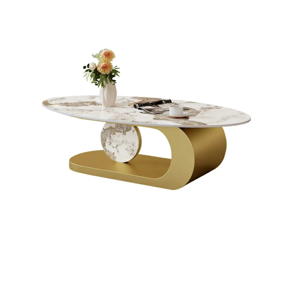 Artistic Stone Oval Iron Block Base Coffee Table Image - 12