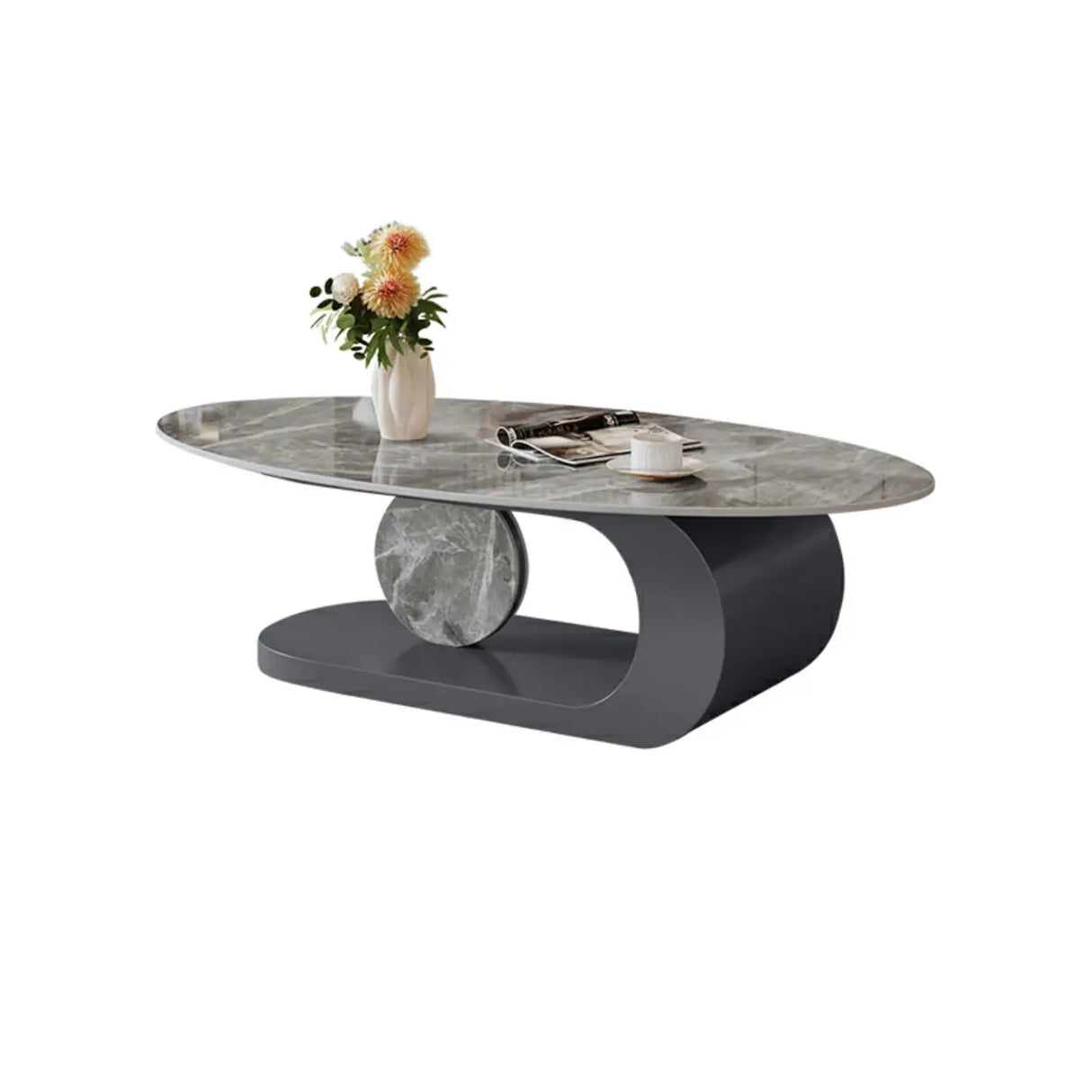 Artistic Stone Oval Iron Block Base Coffee Table Image - 14