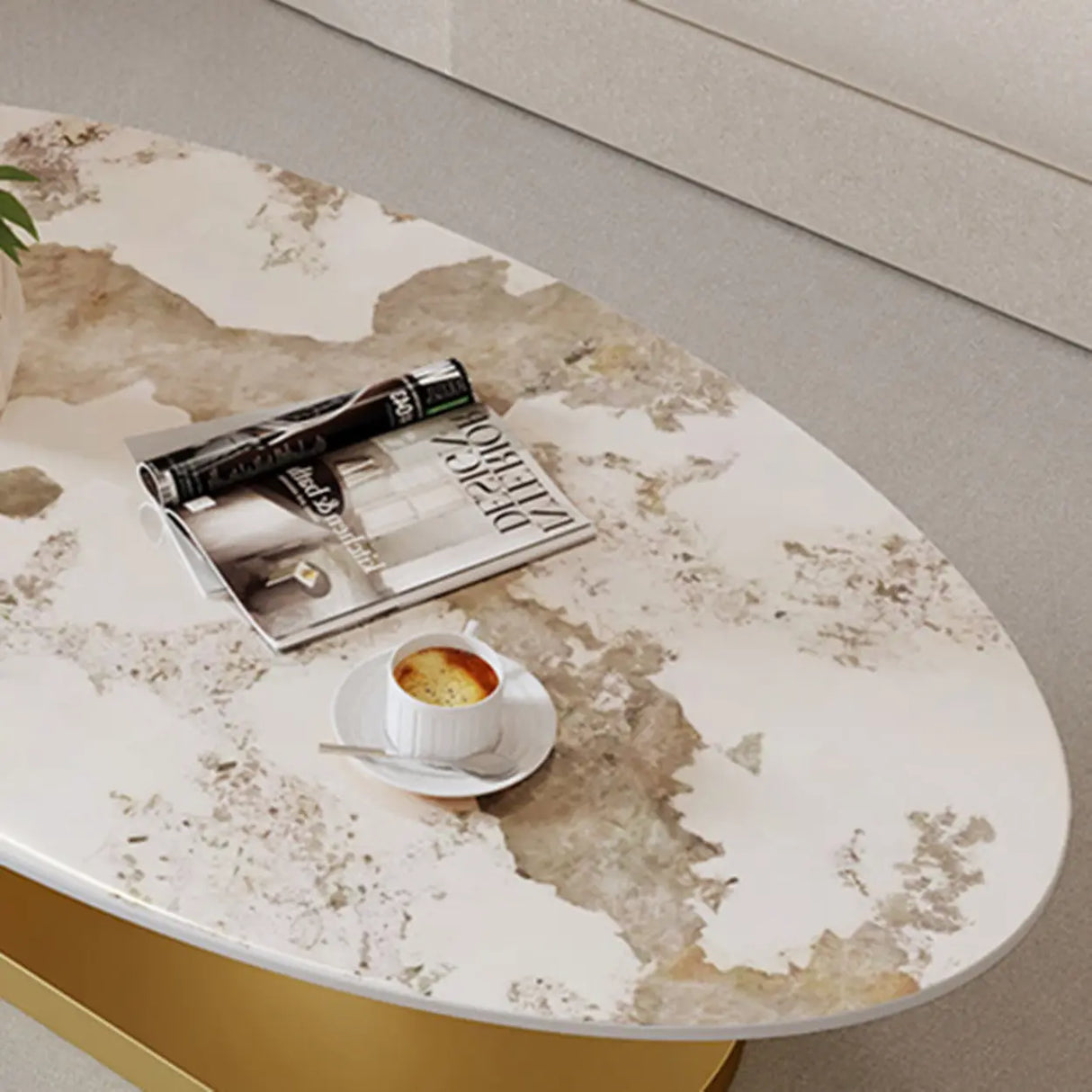 Artistic Stone Oval Iron Block Base Coffee Table Image - 15