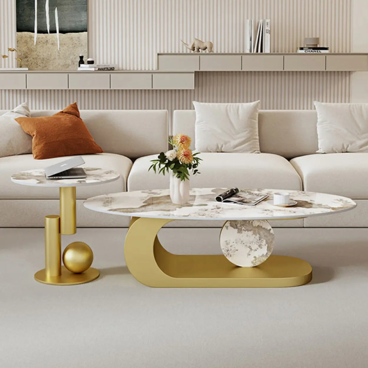 Artistic Stone Oval Iron Block Base Coffee Table Image - 18