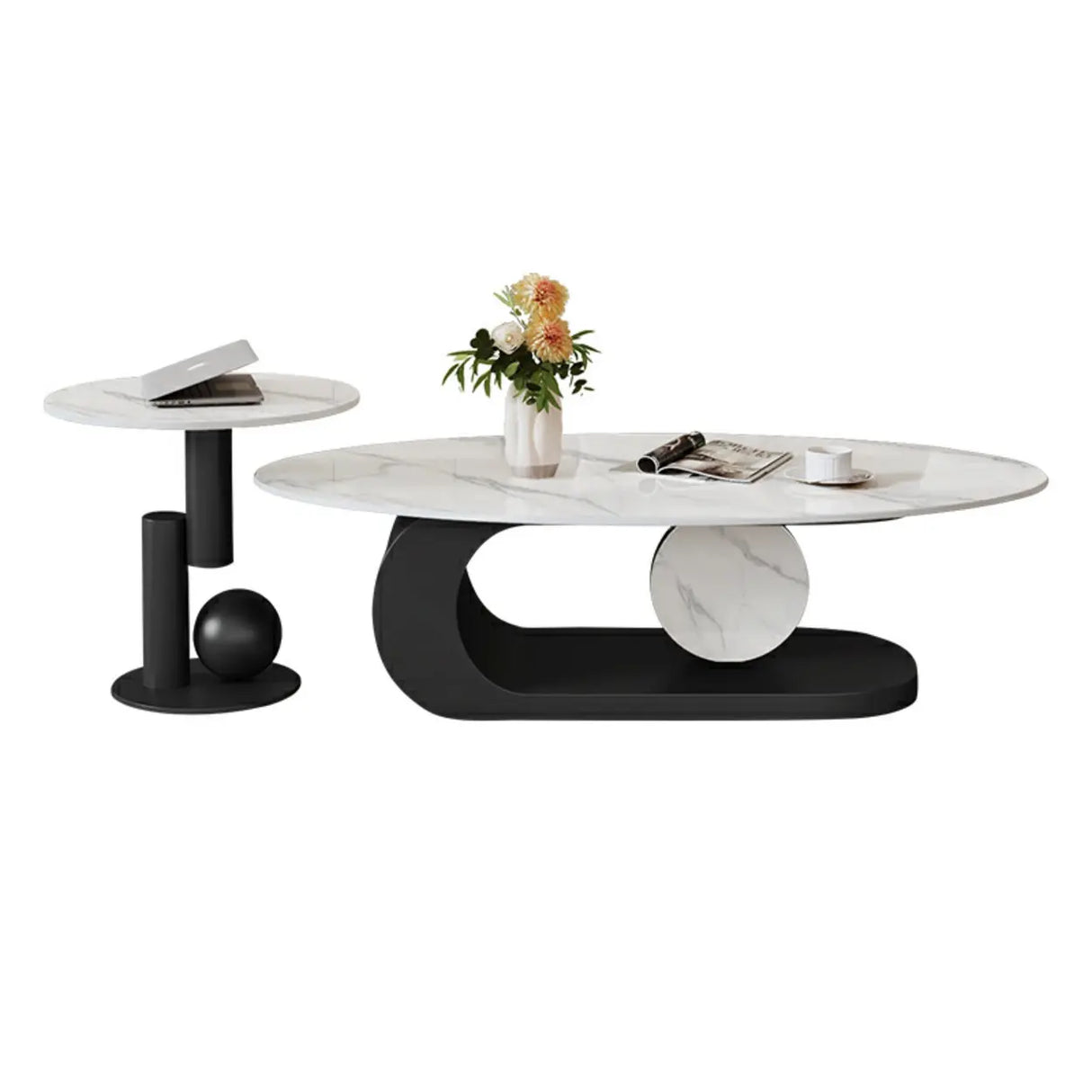 Artistic Stone Oval Iron Block Base Coffee Table Image - 7