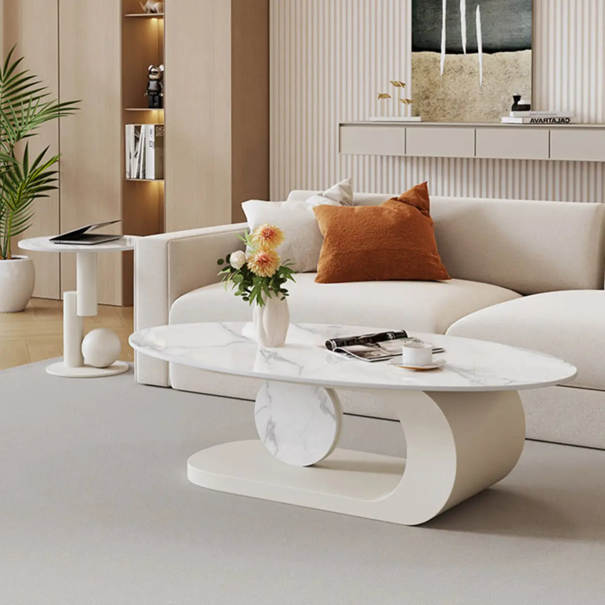 Artistic Stone Oval Iron Block Base Coffee Table Image - 9