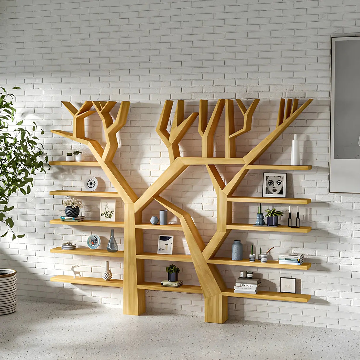 Artistic Tree Shape Open Etagere Wood Display Bookcase Image - 3