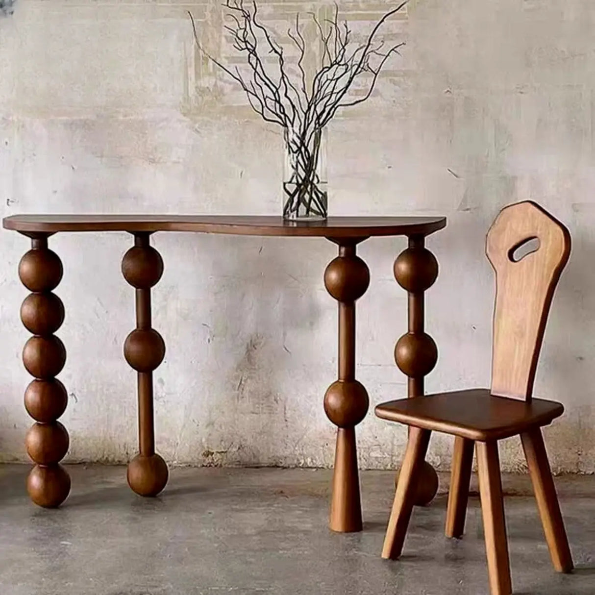 Artistic Turned Leg Walnut Wood Entry Console Table Image - 4