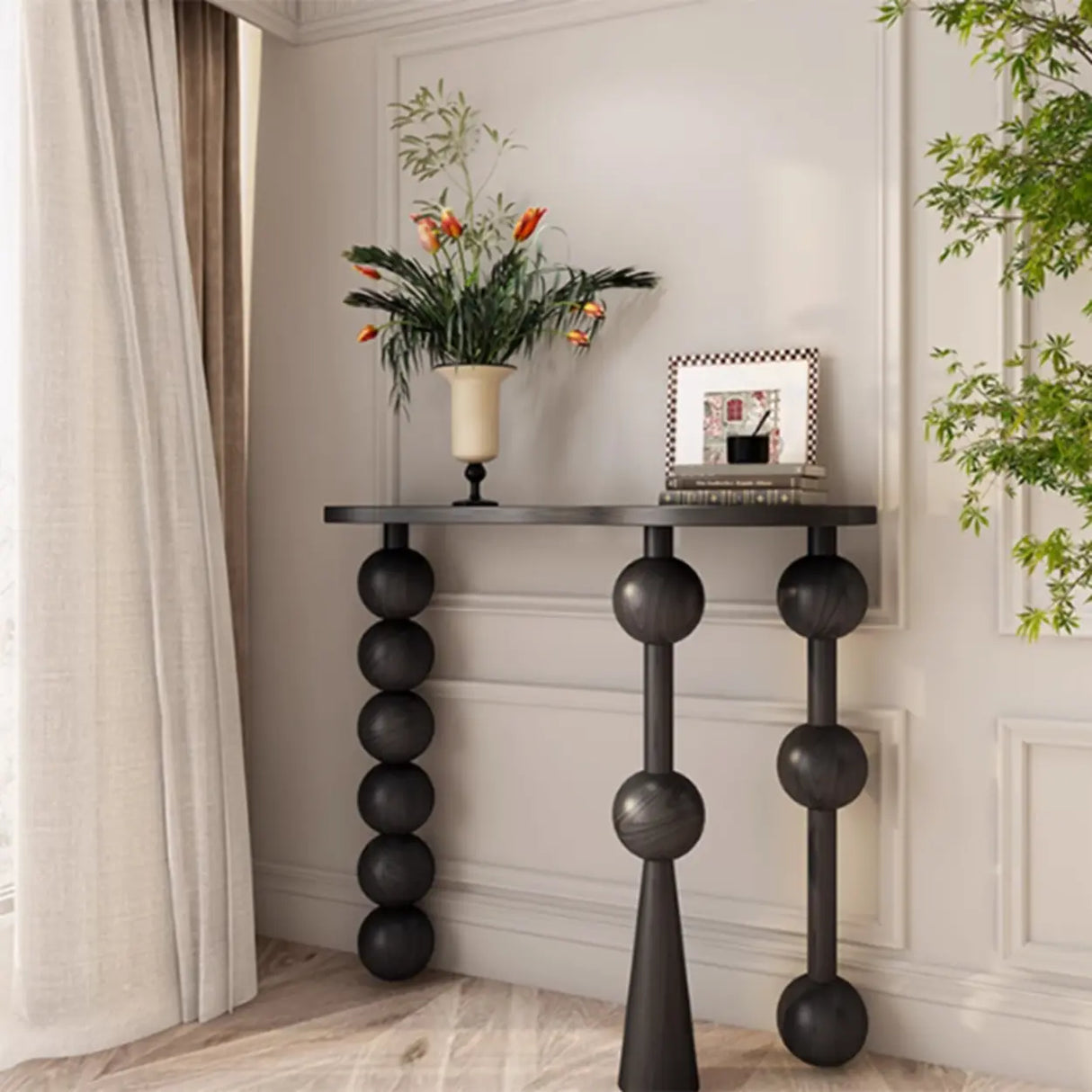 Artistic Turned Leg Walnut Wood Entry Console Table Image - 5