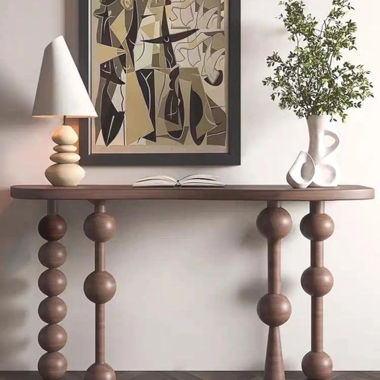 Artistic Turned Leg Walnut Wood Entry Console Table Image - 6
