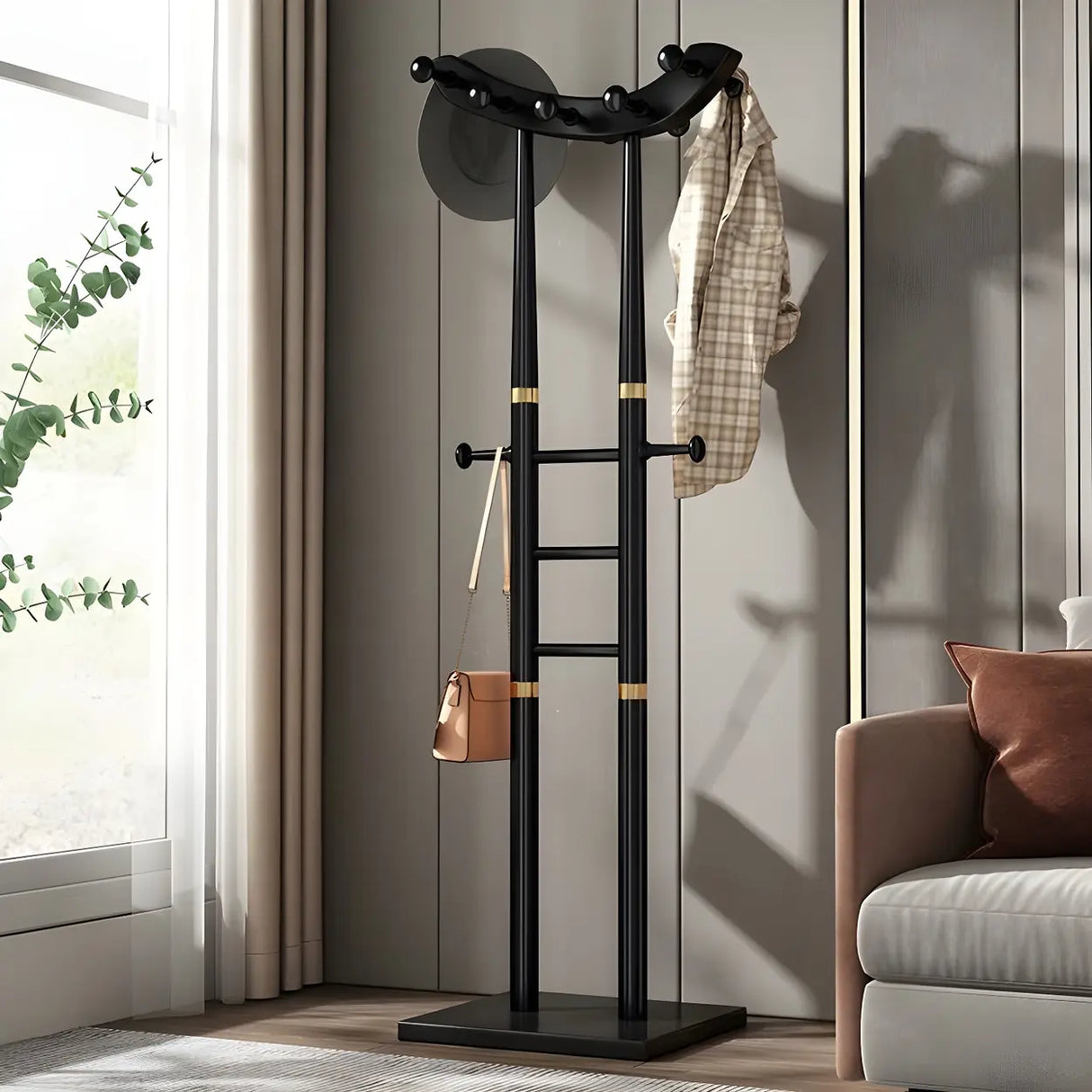 Artistic Wooden Curve Freestanding Coat Rack with Hooks Image - 13