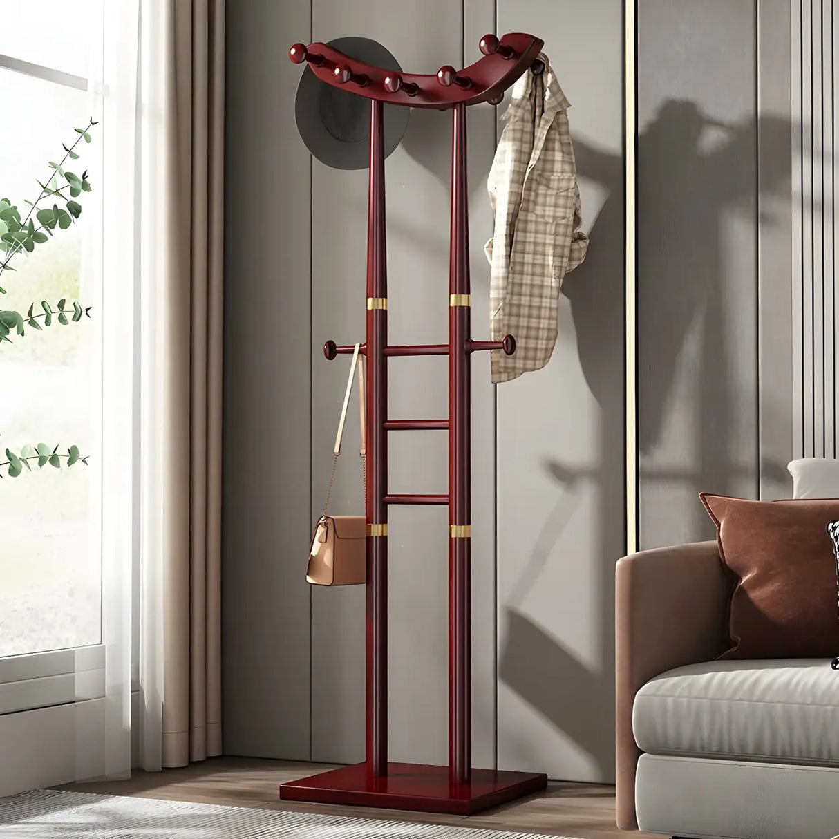 Artistic Wooden Curve Freestanding Coat Rack with Hooks Image - 15