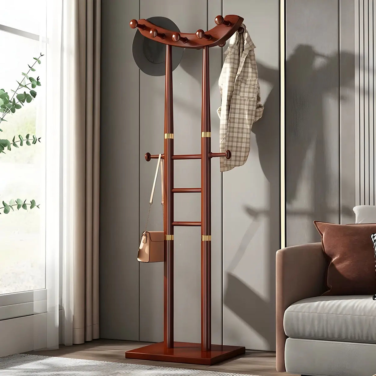 Artistic Wooden Curve Freestanding Coat Rack with Hooks Image - 16