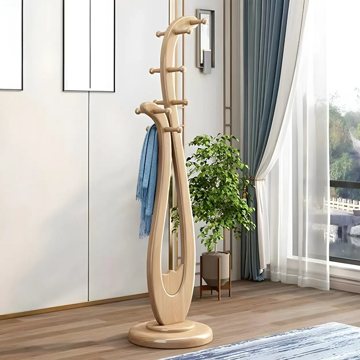 Artistic Wooden Curve Freestanding Coat Rack with Hooks Image - 3