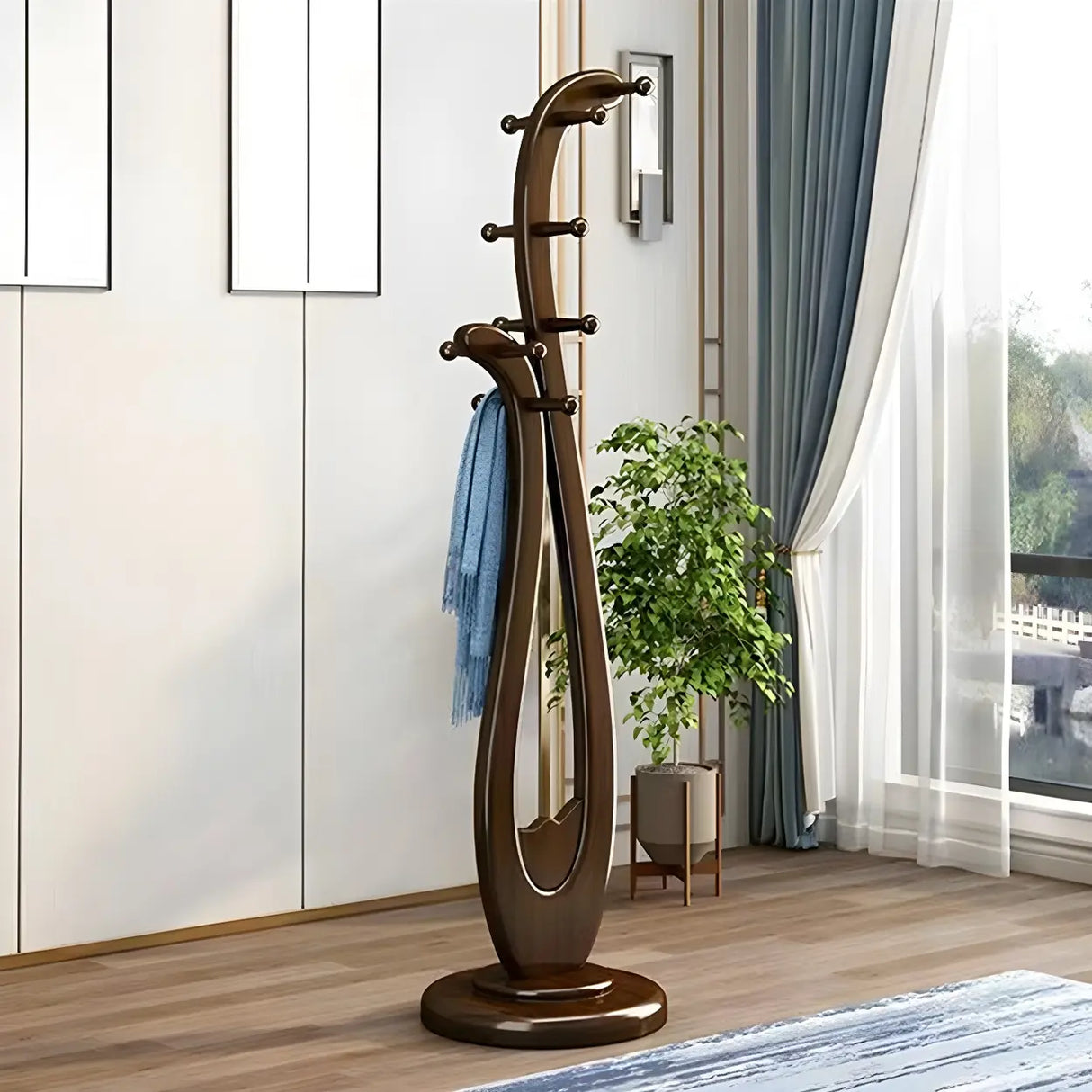 Artistic Wooden Curve Freestanding Coat Rack with Hooks Image - 6