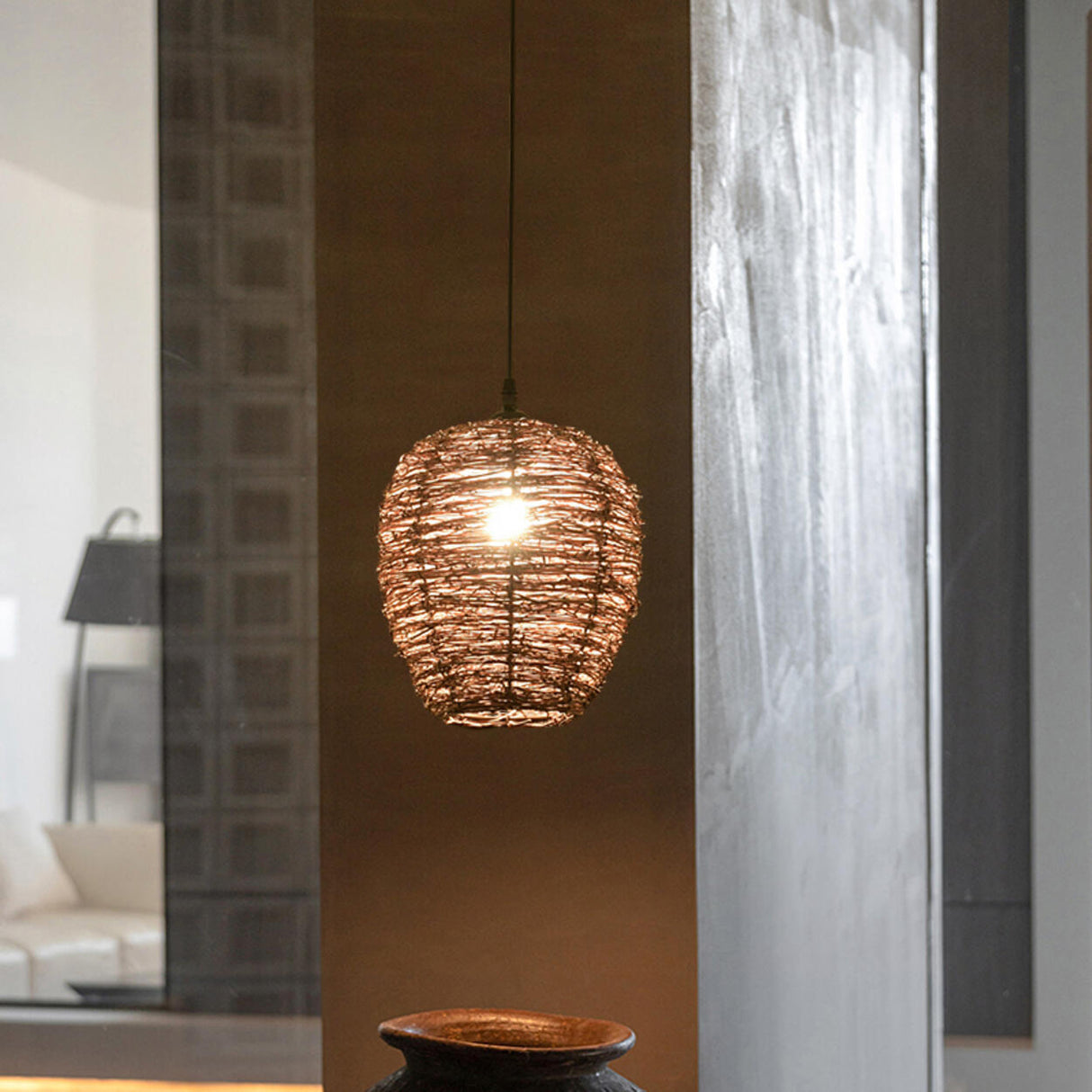 Asian Drum Rattan Pendant Light Adjustable Height Image - 6