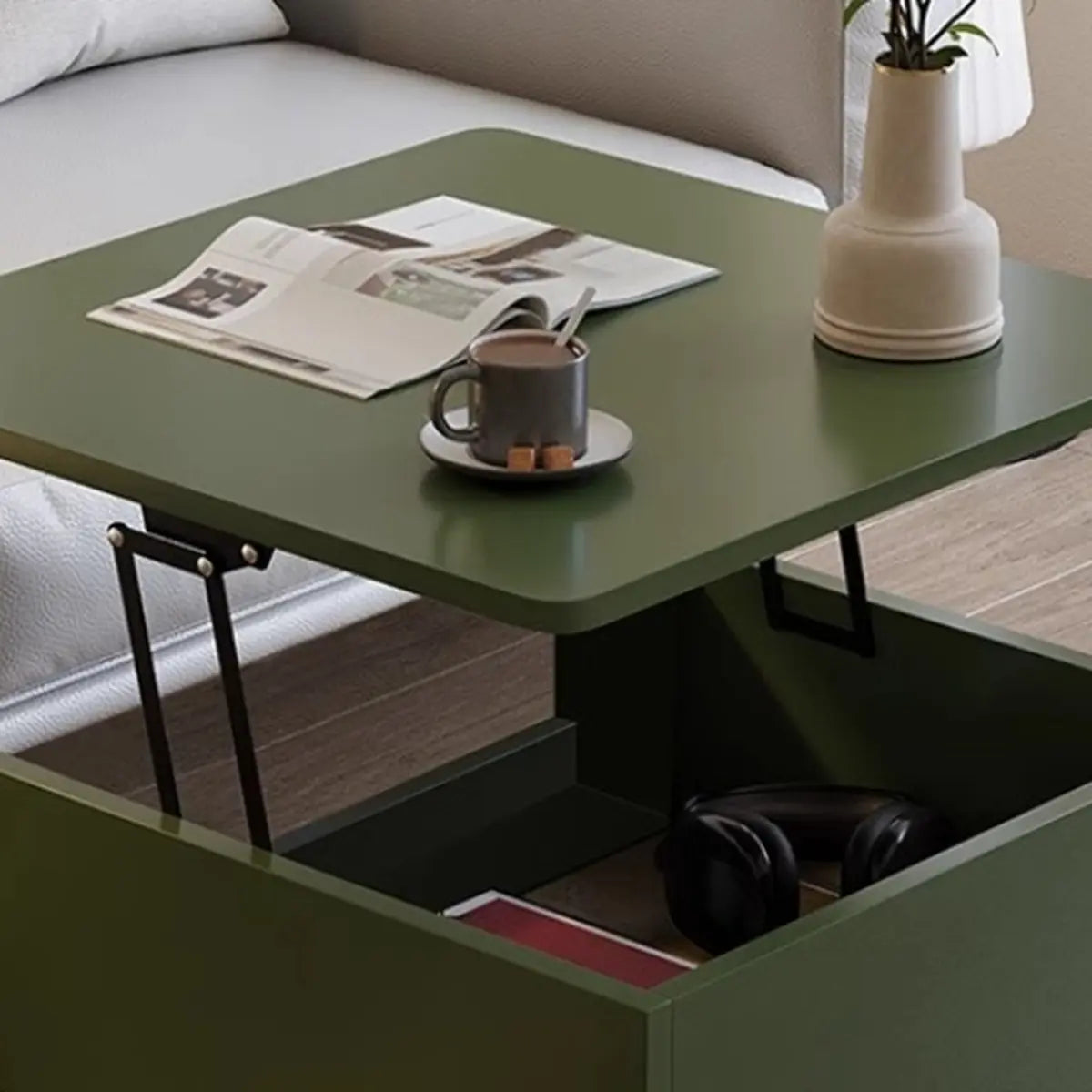 Avocado Green Wood Square Coffee Table with Storage Image - 13
