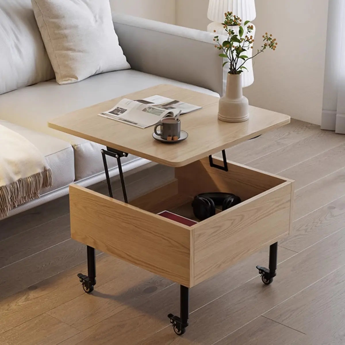 Avocado Green Wood Square Coffee Table with Storage Image - 3