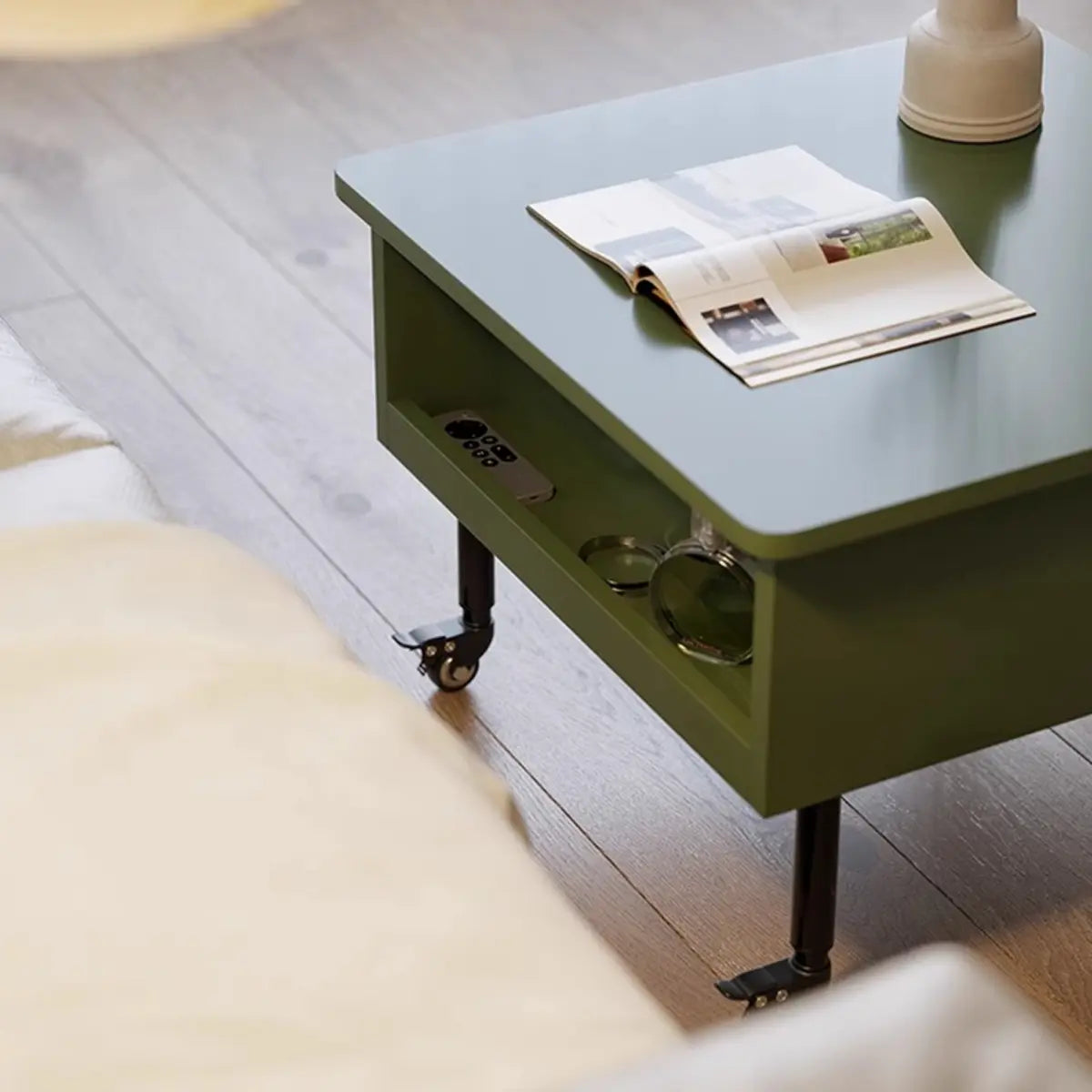 Avocado Green Wood Square Coffee Table with Storage Image - 9