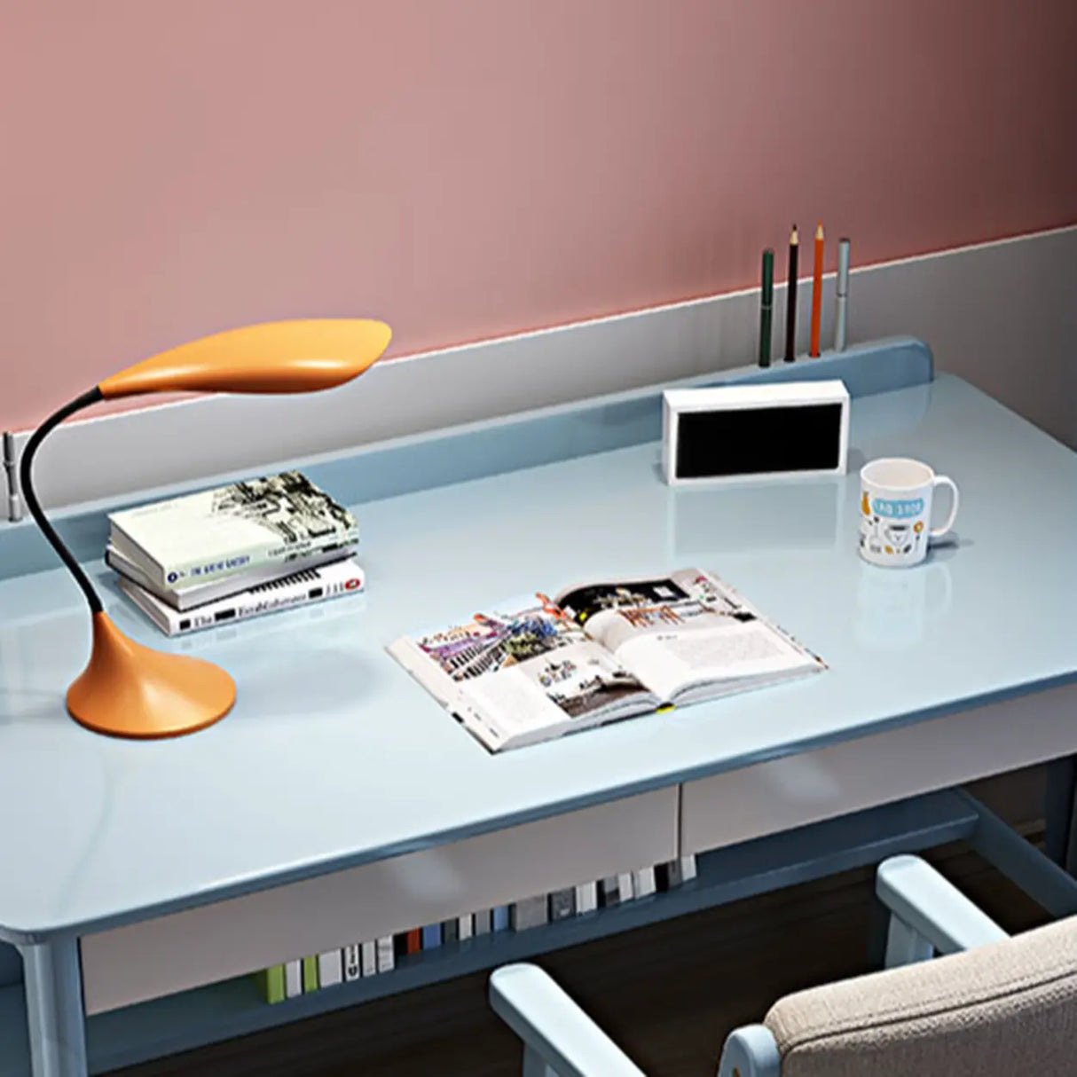 Timber Children Computer Desk with Chair, Peony/Azure Color, Container Storage, Shelf, and Drawer Image - 10