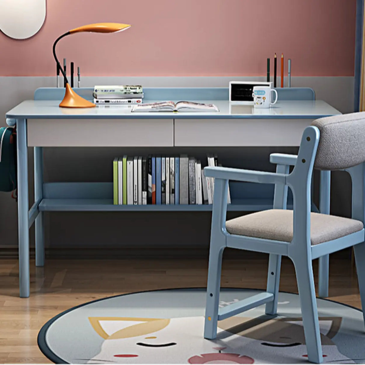 Timber Children Computer Desk with Chair, Peony/Azure Color, Container Storage, Shelf, and Drawer Image - 4