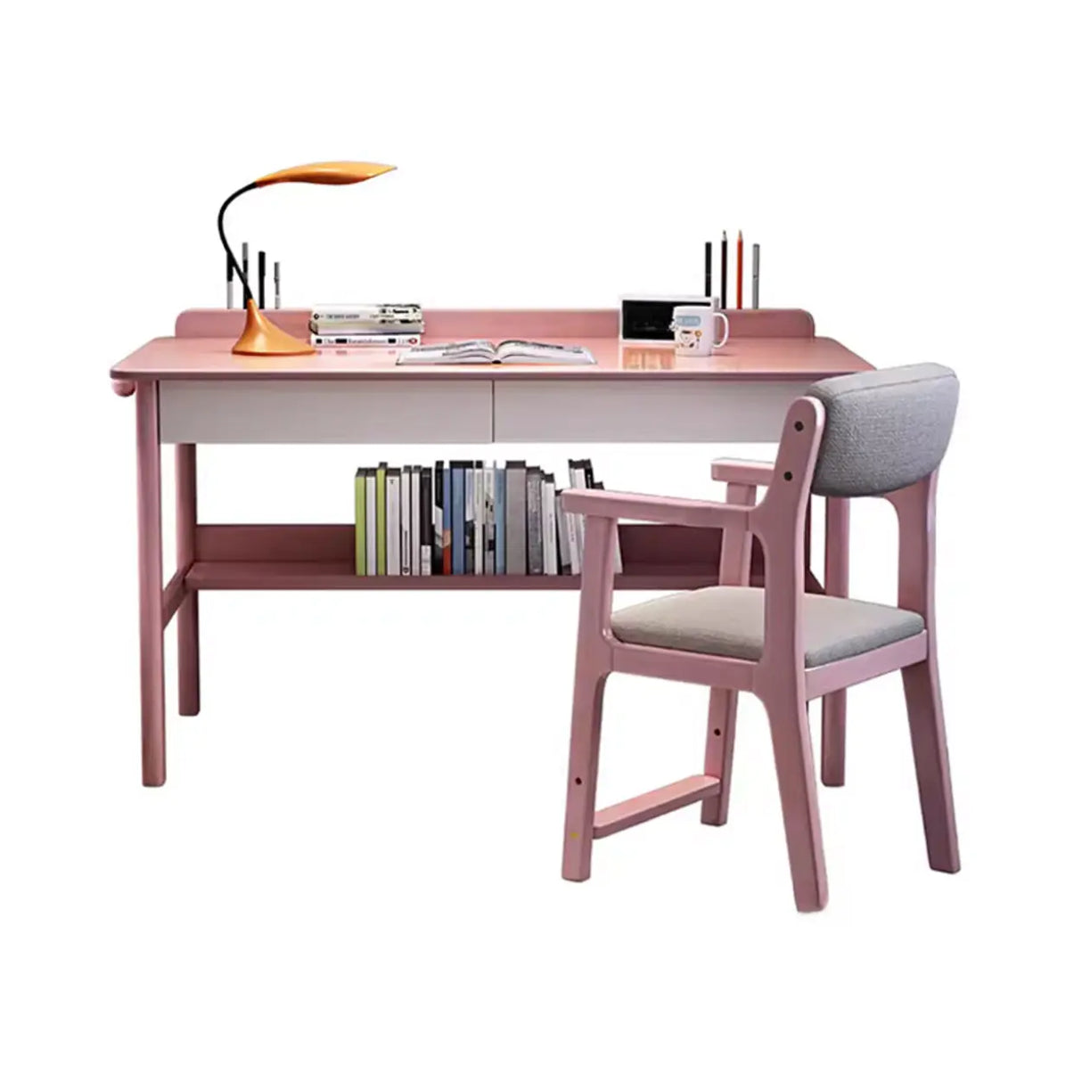 Timber Children Computer Desk with Chair, Peony/Azure Color, Container Storage, Shelf, and Drawer Image - 5