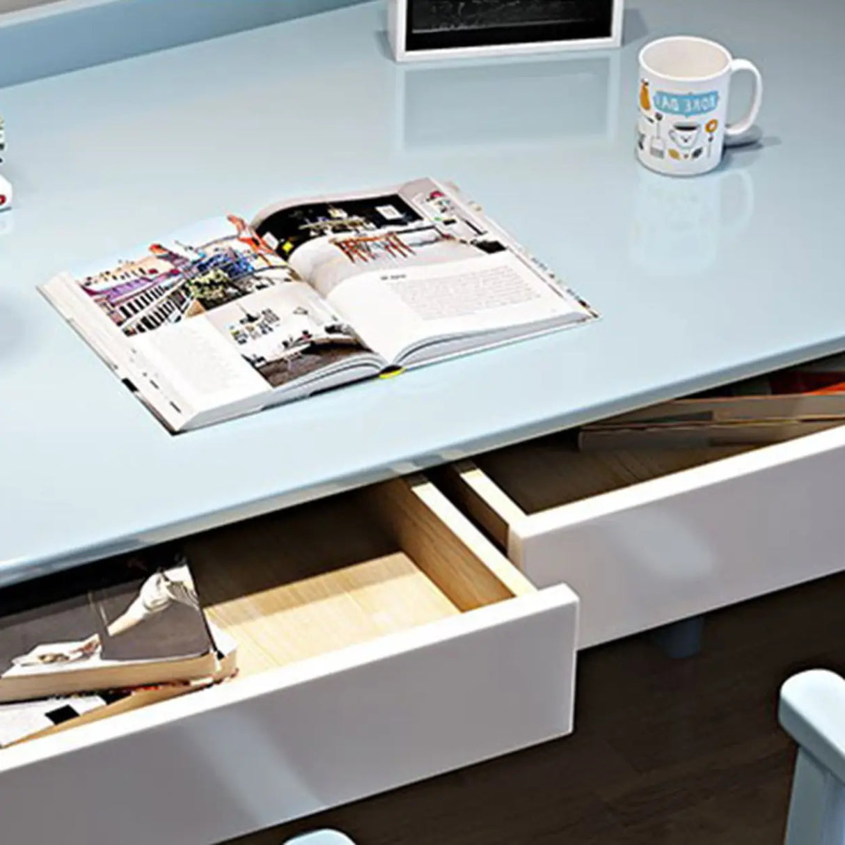 Timber Children Computer Desk with Chair, Peony/Azure Color, Container Storage, Shelf, and Drawer Image - 6