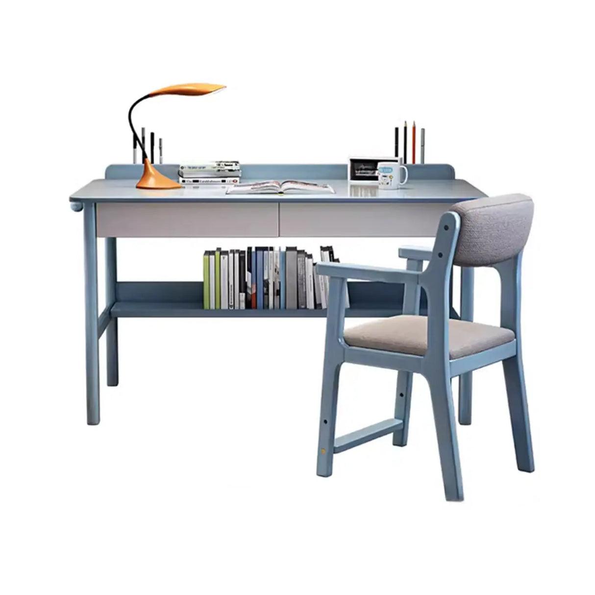 Timber Children Computer Desk with Chair, Peony/Azure Color, Container Storage, Shelf, and Drawer Image - 7