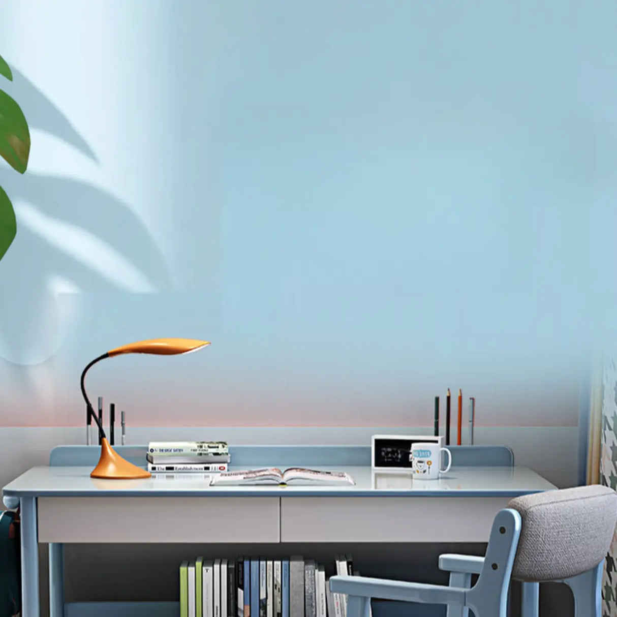 Timber Children Computer Desk with Chair, Peony/Azure Color, Container Storage, Shelf, and Drawer Image - 8