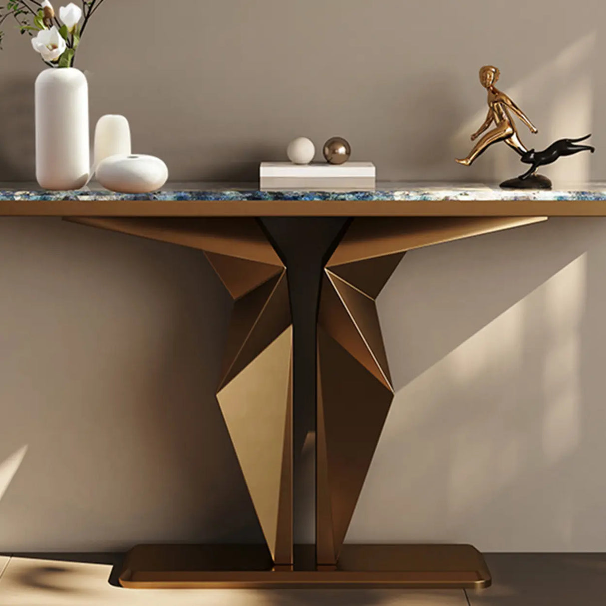 Azure Pedestal Base Marble Rectangular Top Console Table Image - 1