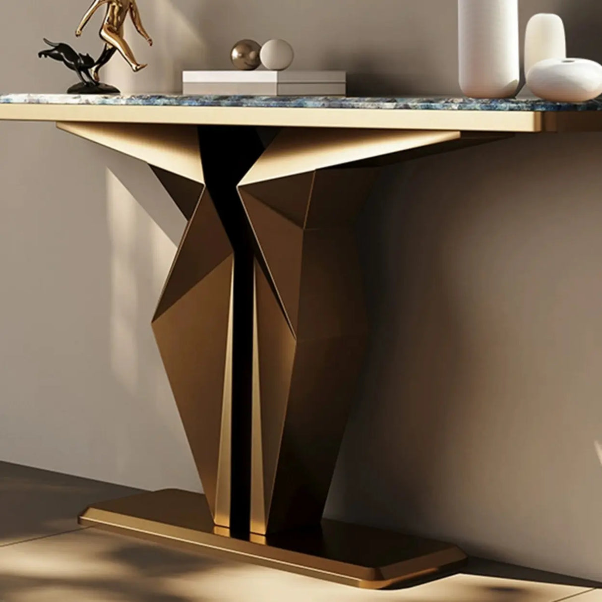 Azure Pedestal Base Marble Rectangular Top Console Table Image - 3