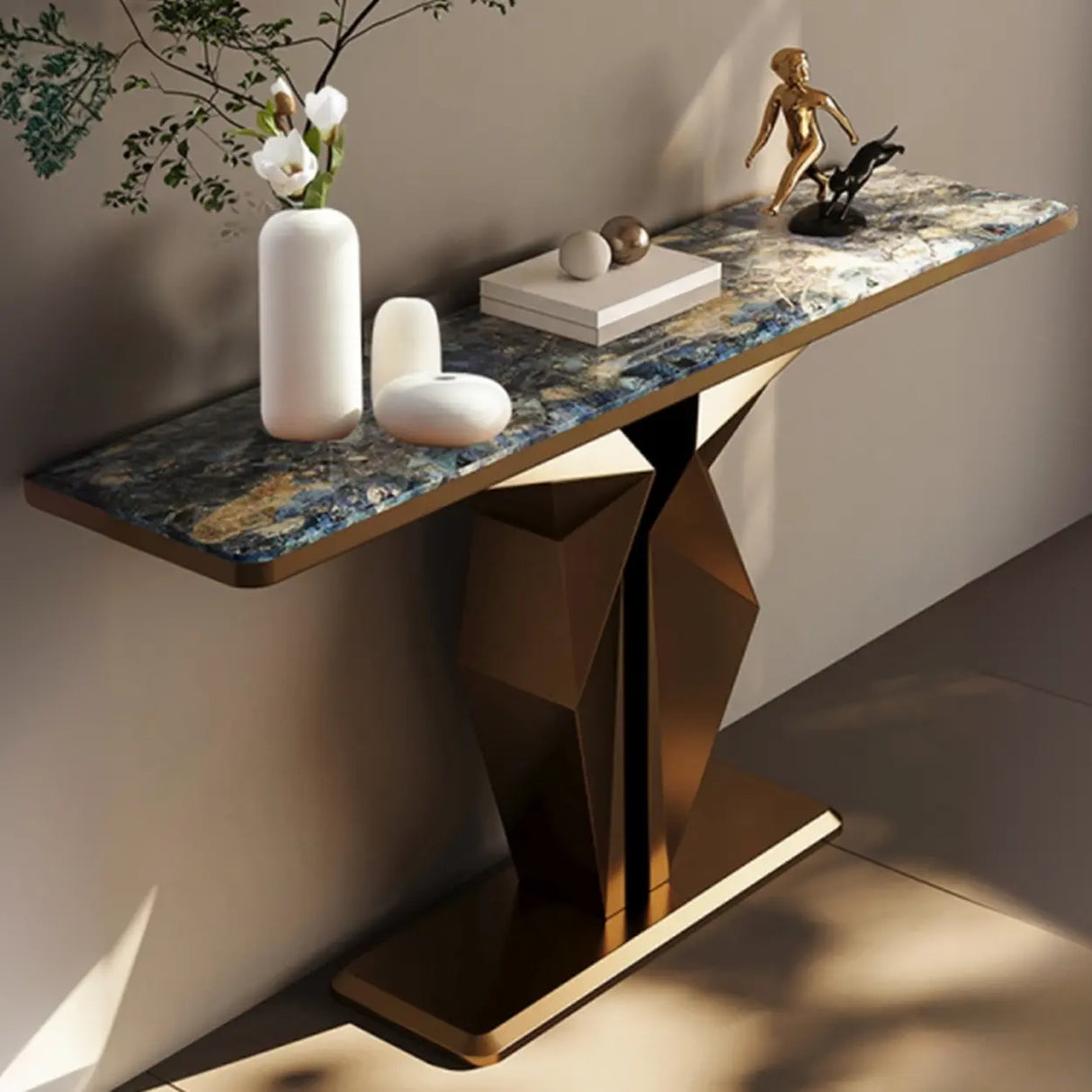 Azure Pedestal Base Marble Rectangular Top Console Table Image - 4