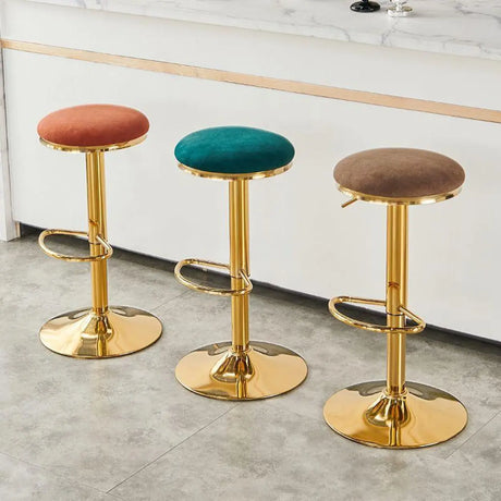 Backless Round Upholstered Gold Metal Base Bar Stool Image - 1
