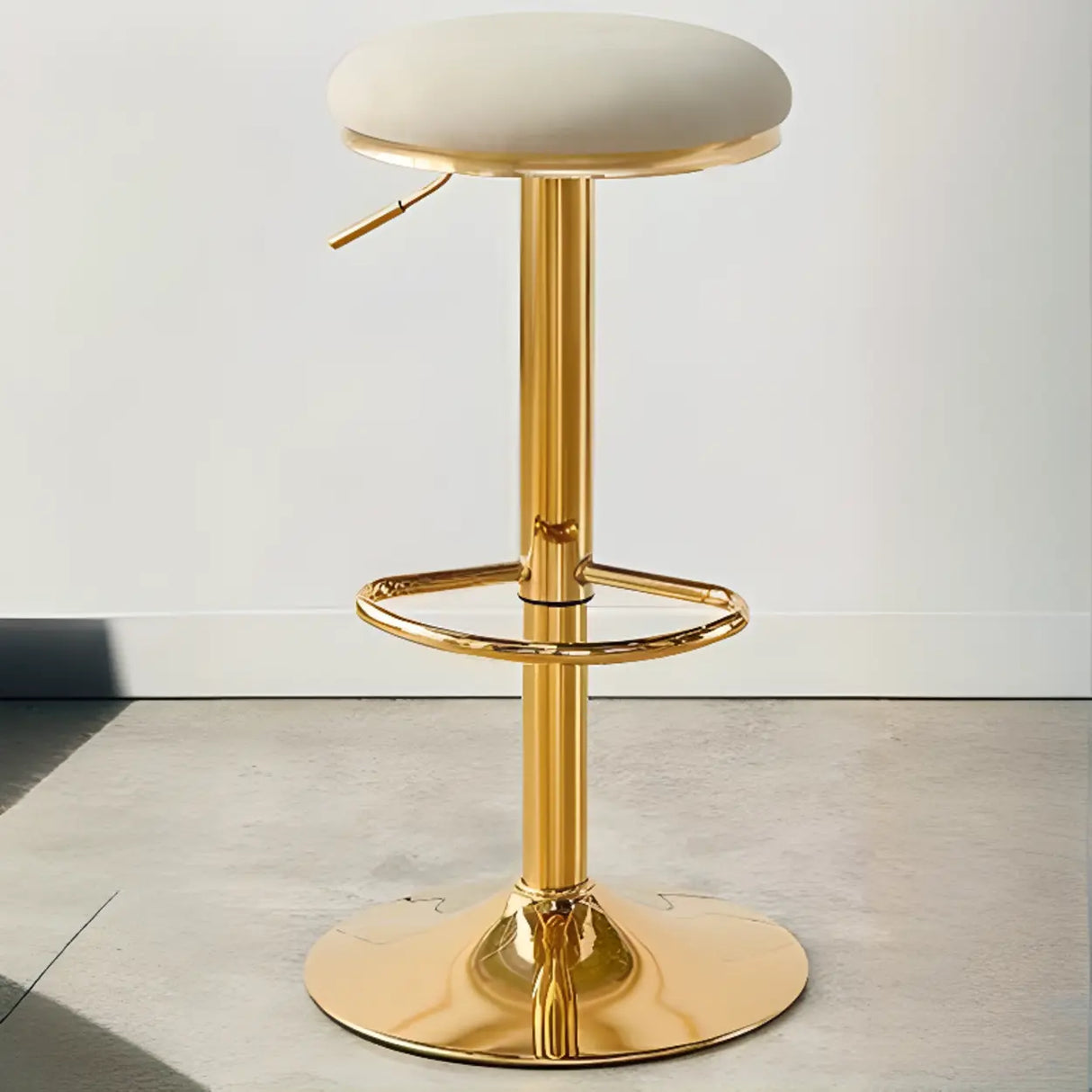 Backless Round Upholstered Gold Metal Base Bar Stool Image - 2
