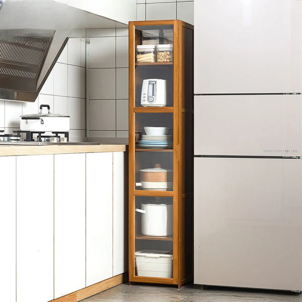 Bamboo Kitchen Hutch Brown 7 Shelves Tall China Cabinet Image - 12