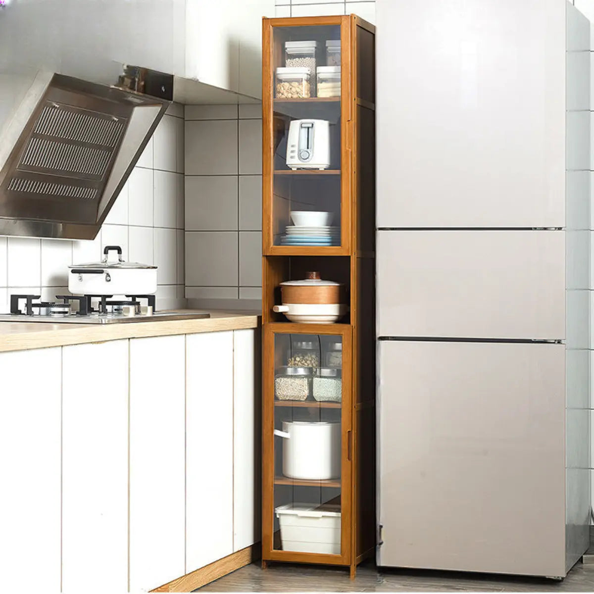 Bamboo Kitchen Hutch Brown 7 Shelves Tall China Cabinet Image - 16