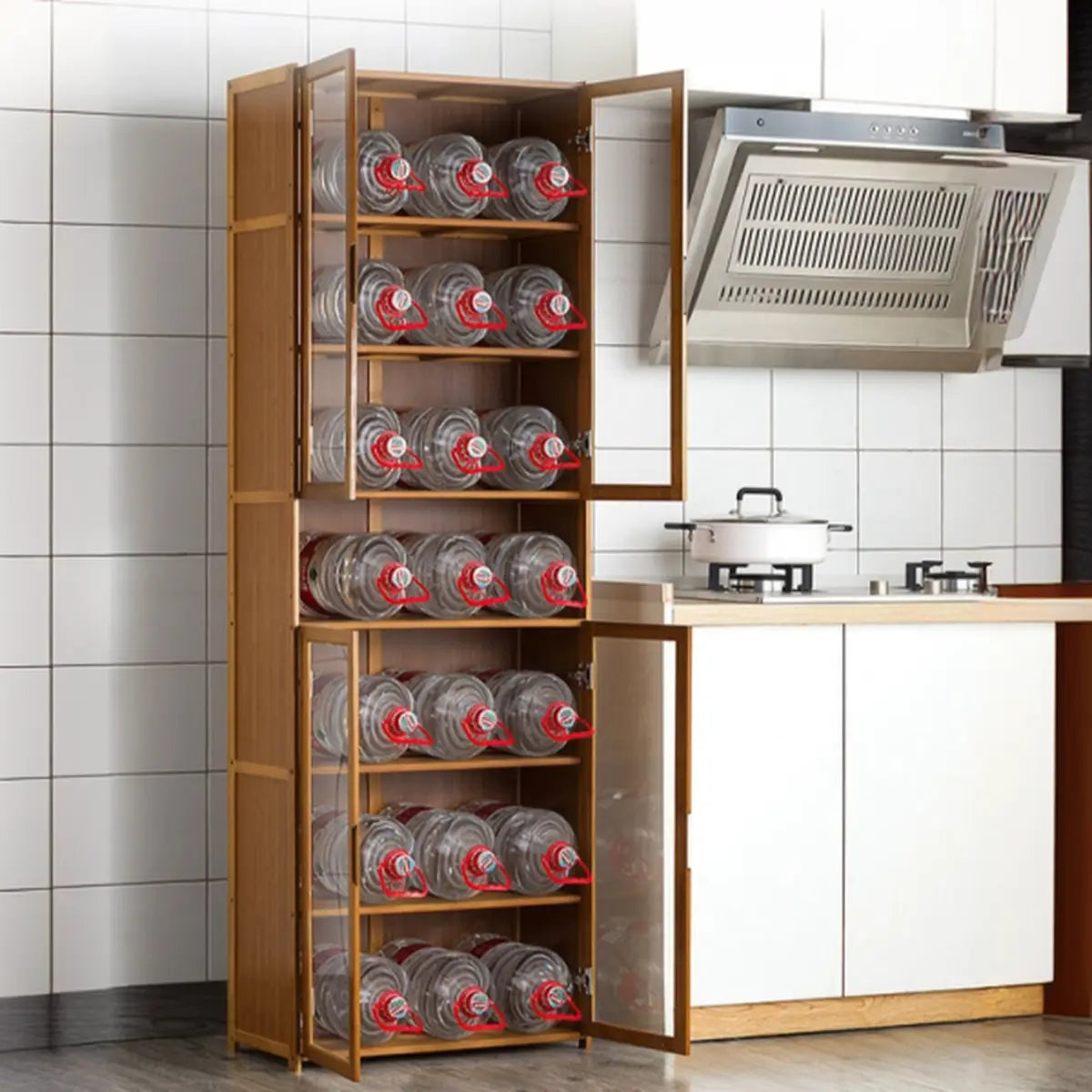 Bamboo Kitchen Hutch Brown 7 Shelves Tall China Cabinet Image - 3