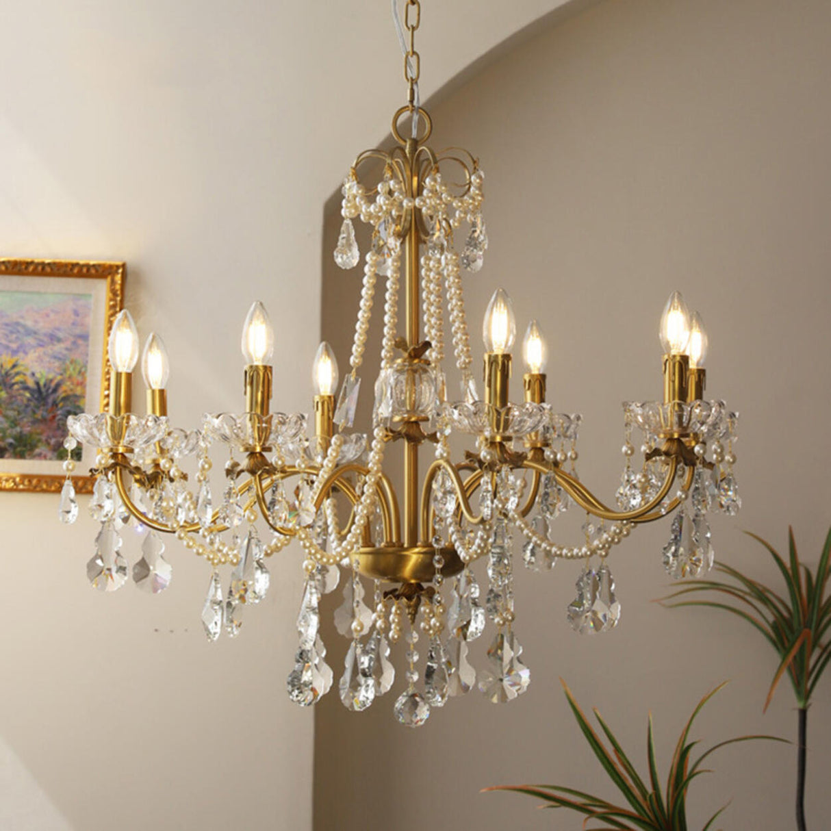 Baroque Vintage Brass Pearl Crystal Candelabra Chandelier Image - 3