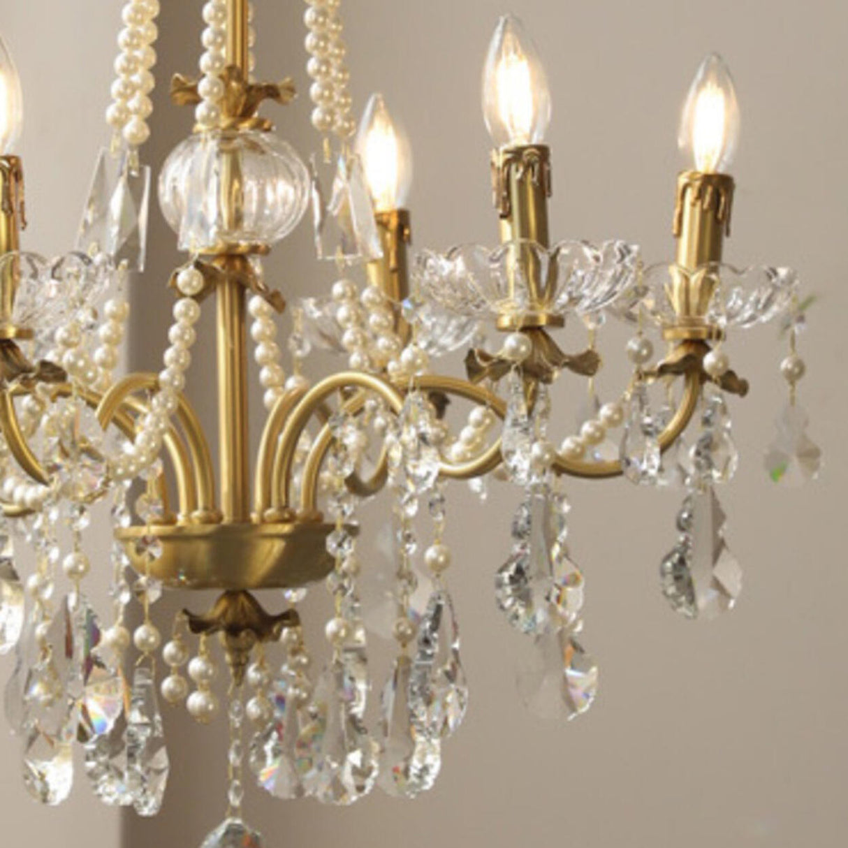 Baroque Vintage Brass Pearl Crystal Candelabra Chandelier Image - 9